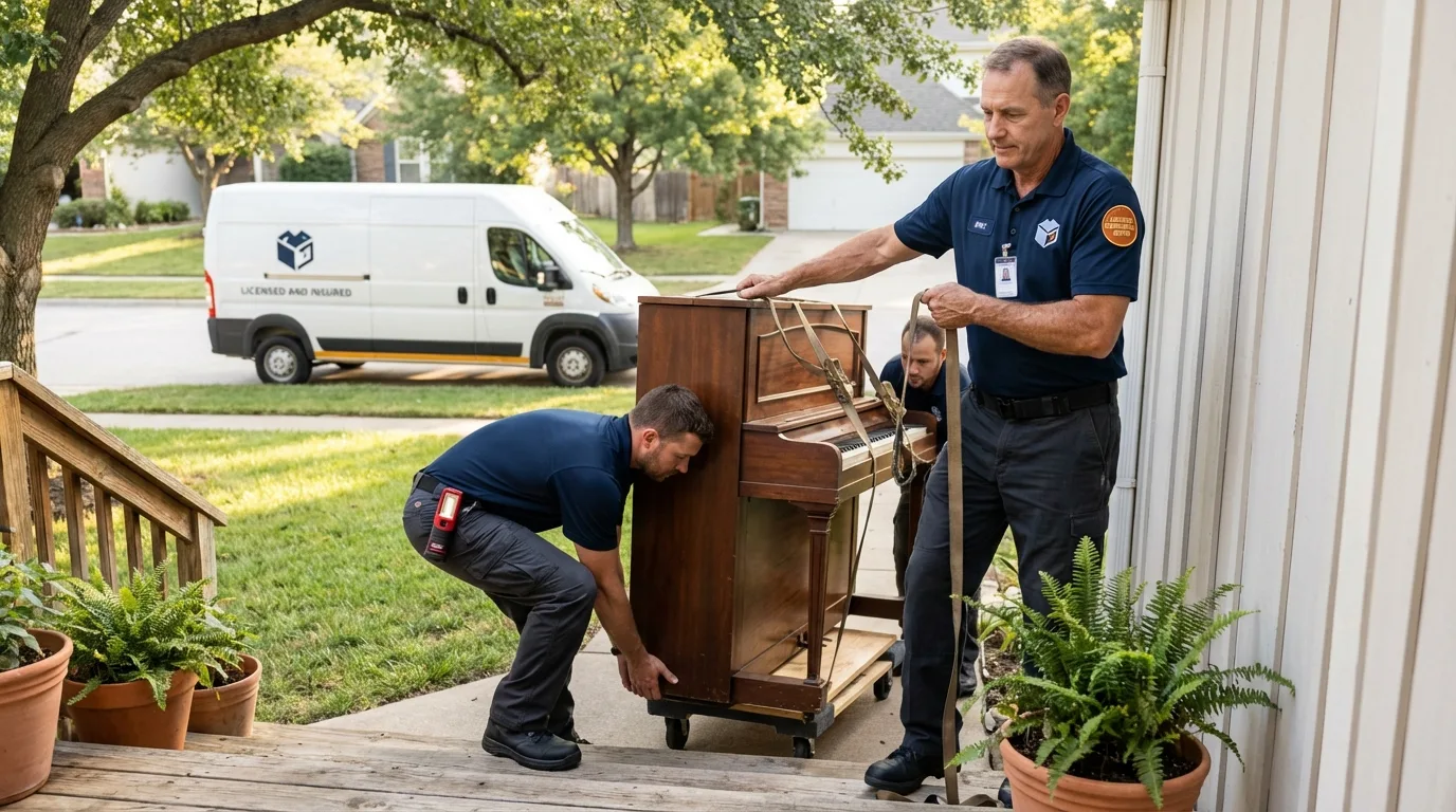 Licensed piano movers securing grand piano in Reidsville, NC