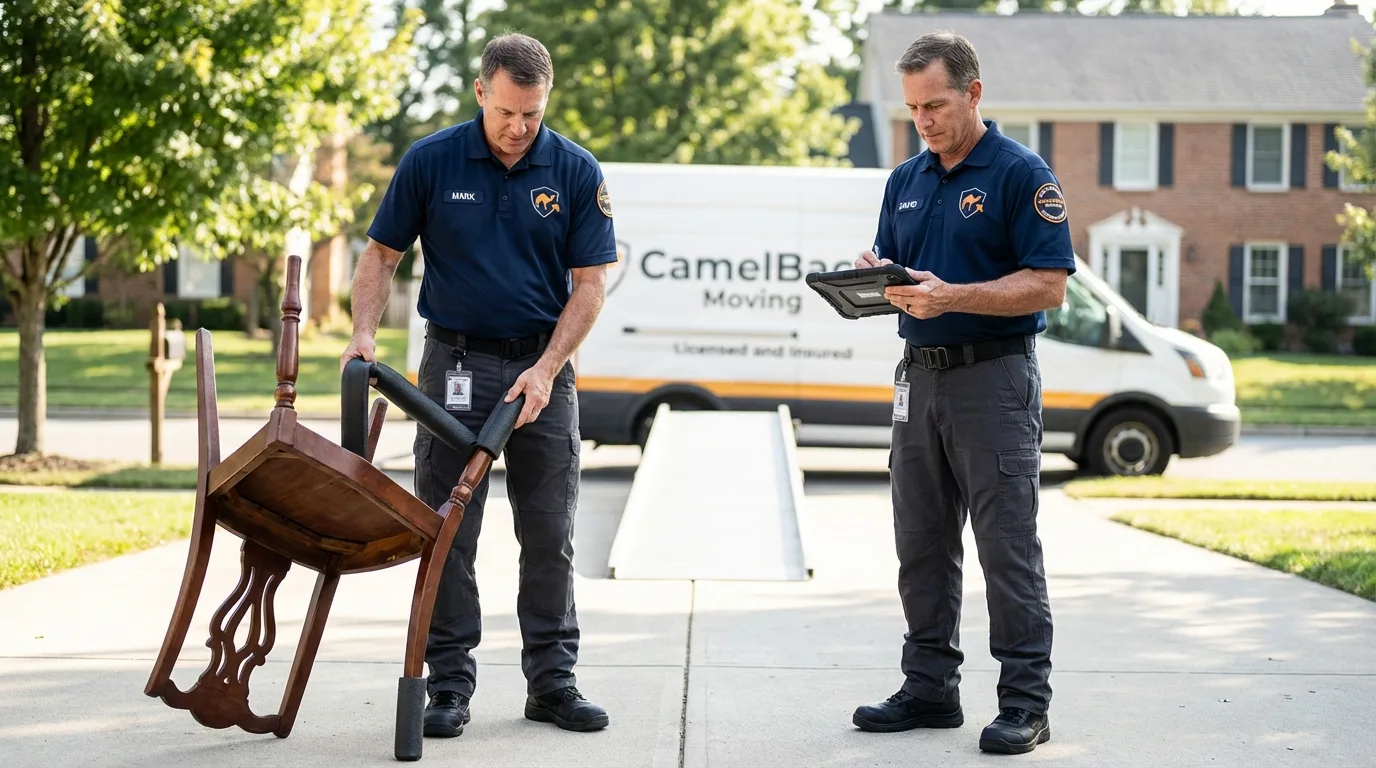 Movers inspecting furniture for damage prevention before loading in Reidsville, NC