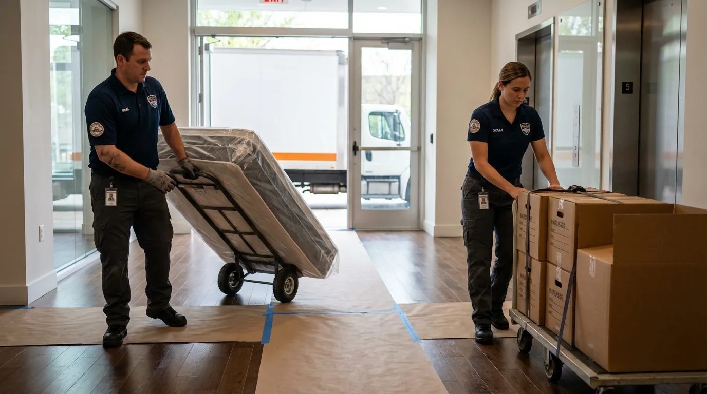 Professional apartment movers loading elevator in Reidsville, NC
